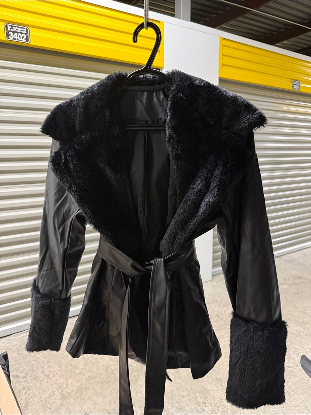 Black Faux Fur Trim Women's Jacket with Tie Belt